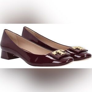 TORY BURCH Gigi Burgundy Leather Low Heel Pump, Gold T Logo Size 5.5M